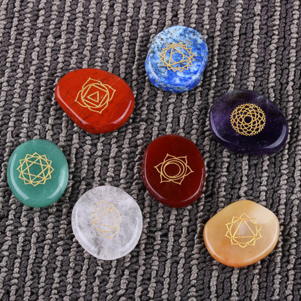 New 7 Piece Engraved Chakra Stone Palm Stone Crystal Reiki Healing Free Shipping C19021601