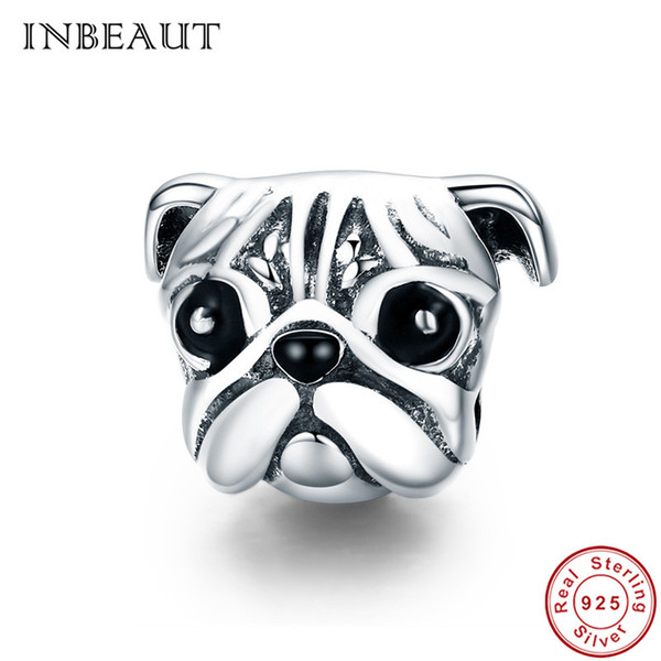 INBEAUT Cute Shiba Dog Beads 925 Sterling Silver Black Zircon Paved Nose&Eye Pet Animal Charm fit Bracelet Wedding Gift