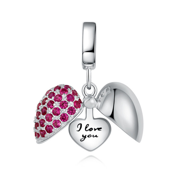 Wholesale Authentic s925 Sterling Silver Heart Shaped Purple I Love You Open Pendant Dangle Charm Bead for Bracelet