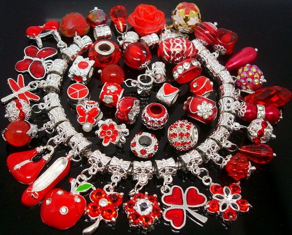 50pcs/Lot mixed Red Charms Pendants Beads for Jewelry Making Loose Charms DIY Big Hole Pendant Beads for European Bracelet Wholesale in Bulk