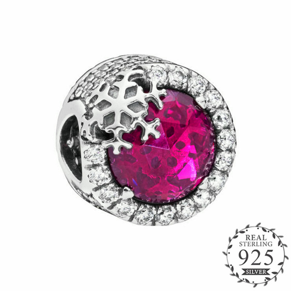 2018 Winter Dazzling Snowflake Charm with Clear CZ & Cerise Crystal Fits Original Bracelet Charm Silver 925 DIY Jewelry.