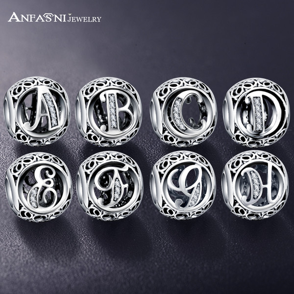 ANFASNI Authentic 925 Sterling Silver Vintage Clear Letter Bead Charms Fit  Women Charm Bracelets Silver Jewelry