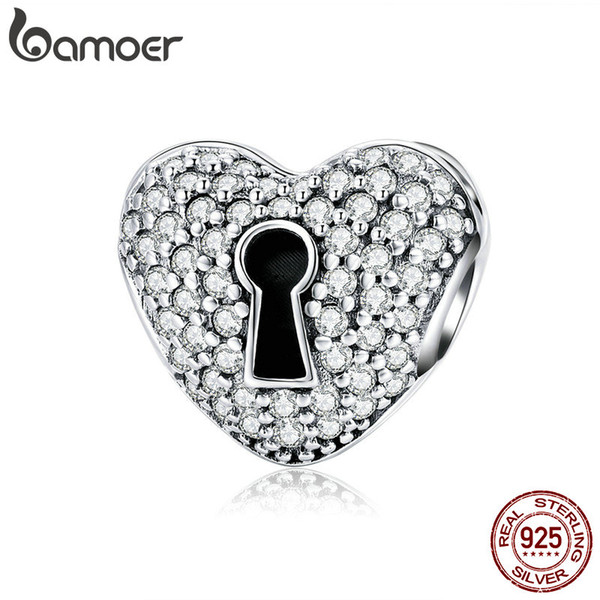 BAMOER Real 925 Sterling Silver Heart Dazzling CZ Charms Key Lock Beads Fit Charm Bracelet Bangles DIY Jewelry Making SCC986