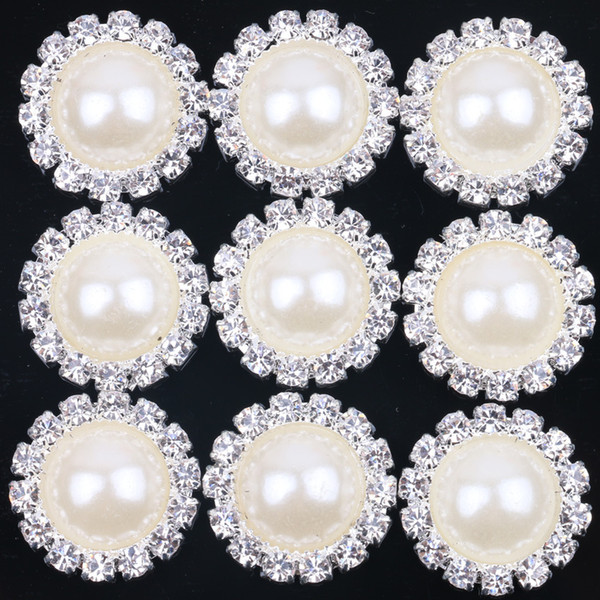 New White 18mm Flat Back Crystal Pearl Buttons Metal Rhinestone Crystal Loose Diamonds Silver Flowewr Buttons Jewelry DIYl