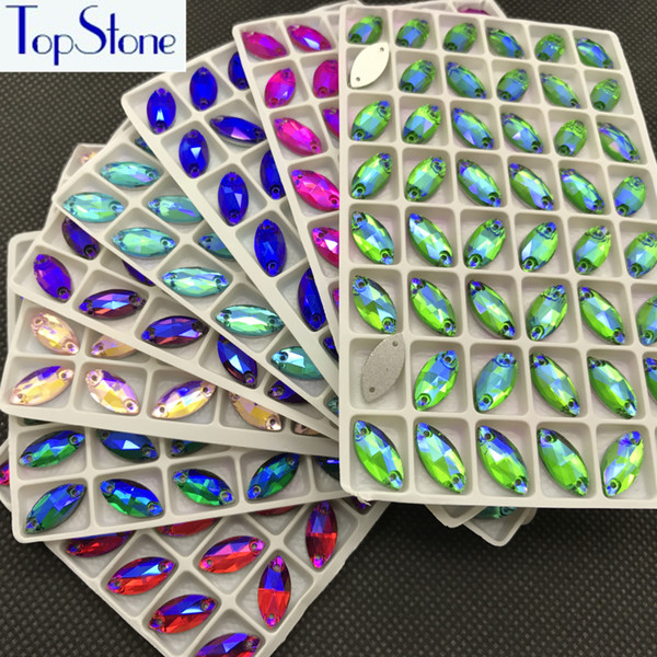 TopStone 9x18mm 28pcs Horse Eye Glass Crystal Rhinestones Colors AB Flatback 2 holes Navette sew on stone dress making