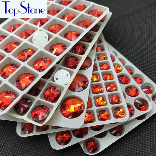 Topstone All Size Lt. Siam Red Color Rivoli Rhinestone Flatback Round Glass Crystal Sew On Stone sewing wedding dress DIY