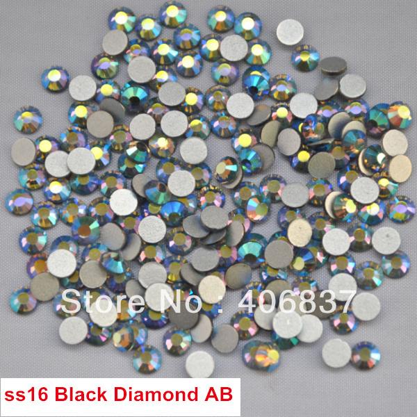 Free Shipping! 1440pcs/Lot, ss16 (3.8-4.0mm) Black Diamond AB Flat Back Non Hotfix Glue On Nail Art Rhinestones