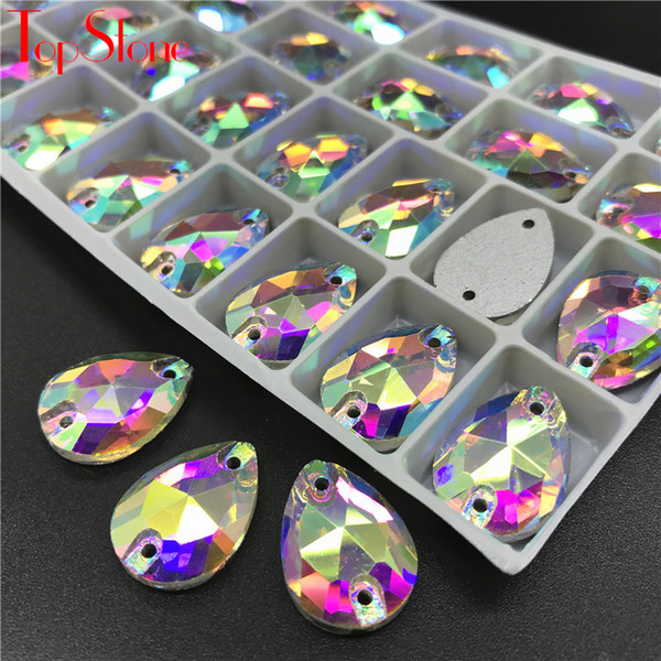 TopStone #2154 Drop Sew On Rhinestone AB Glass Crystal Stones Flatback Teardrop Sew-on Stone For Clothes Craft Decoration