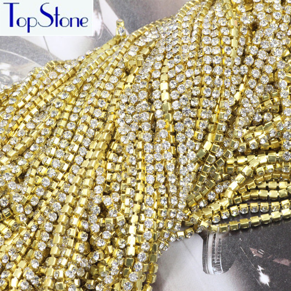 TopStone 10yards/lot gold base close AB clear crystal white rhinestone 2mm SS6 Dense Rhinestone Cup Chain For Bags Design