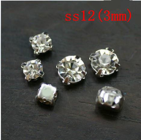 1440pcs/set ss12(3mm) Silver Loose Crystal Sew On Rhinestone Beads Free shipping