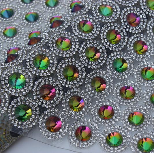 24*40cm AB Colorful 10mm Satellite Crystal Stone 2mm Clear Rhinestone mesh trimming for wedding appliques decoration