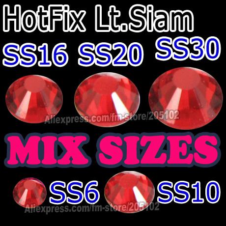 Mix 5 Sizes 1200pcs/Lot,Lt.Siam Red SS6 SS10 SS16 SS20 SS30 HotFix Rhinestones,FlatBack DMC Hot Fix glitters crystals stones