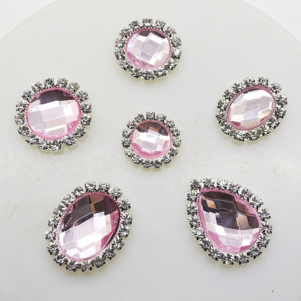 NEW50pcs/lot Six Style Pink Glass Rhinestone Button Diamond Metal Buttons for Wedding Embellishment Craft Hair Ribbon Decoration