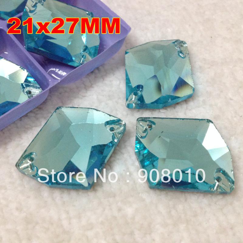 Aquamarine Color 15Pcs 21x27mm Sew on Flatback Cosmic Shape 2 holes Crystal Button