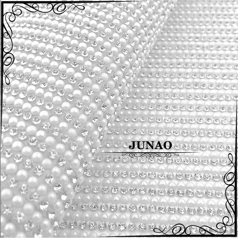 24*40cm Clear Ceramic Pearl Beads ss8 Rhinestone Trimming Iron On Mesh Strass Crystal Wedding Decoration Applique