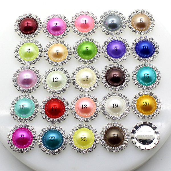 New 30pcs/set 16mm Colorful Round Pearl Buttons Flatback Brooch Crystal for Wedding Bouquet Child Hair Ribbon Decorative