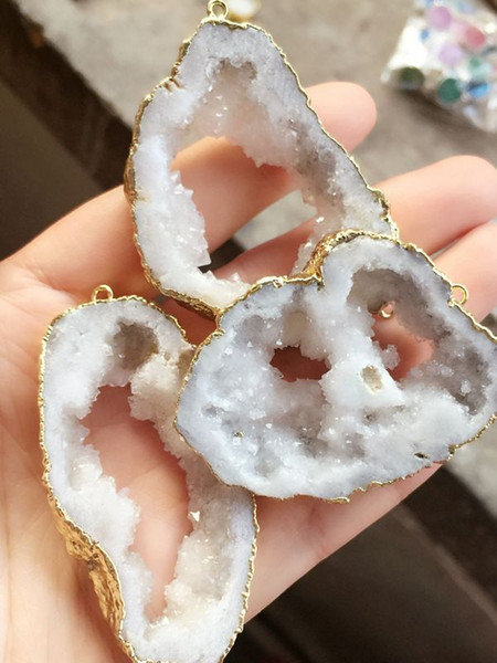 Free shipping 6pcs Gold plated White color Nature Quartz Druzy Geode connector,Drusy Crystal Gem stone Pendant Beads, Jewelry findings