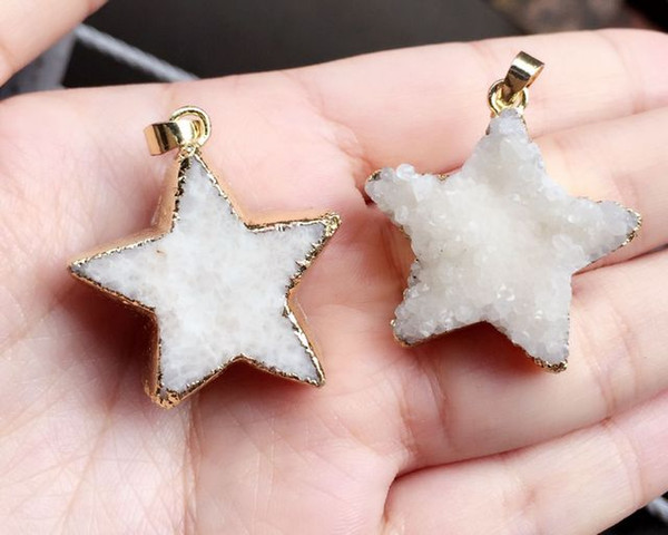 HOT Diy 5pcs Gold plated white Nature Pentagram/star Quartz Druzy Geode pendant,Drusy Crystal Gem stone CONNECTOR Beads, Jewelry findings