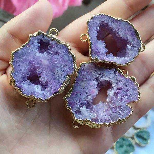 Free shipping 6pcs Gold plated Purple color Nature Quartz Druzy Geode connector,Drusy Crystal Gem stone Pendant Beads, Jewelry findings