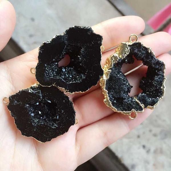 Free shipping 6pcs Gold plated Black color Nature Quartz Druzy Geode connector,Drusy Crystal Gem stone Pendant Beads, Jewelry findings
