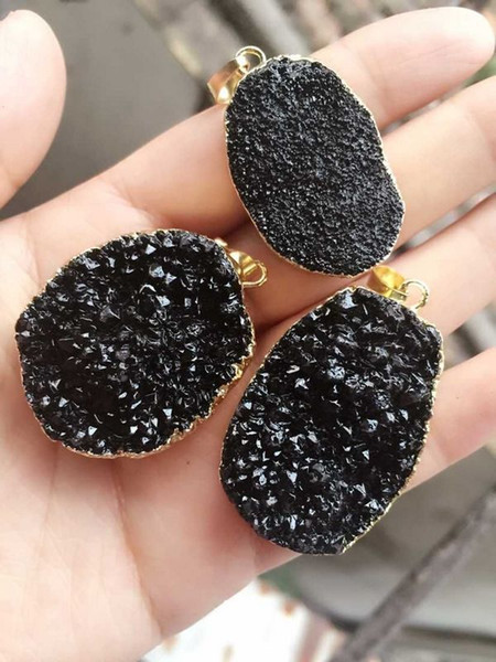 Fashion HOT 6pcs Gold plated Black Nature Quartz Druzy Geode pendant, Drusy Crystal Gem stone connector Beads, Jewelry findings