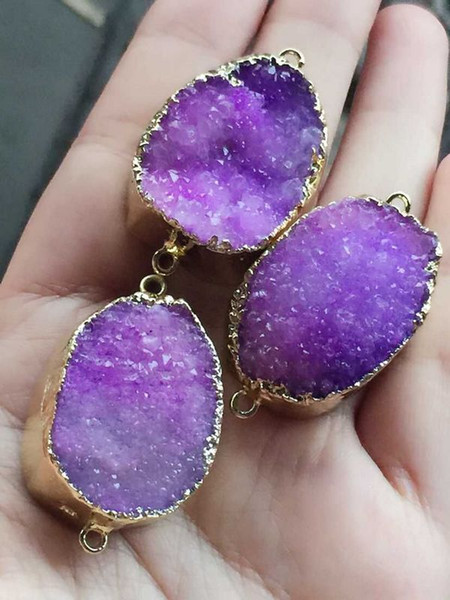 HOT DIY 6pcs Gold plated Purple Nature Quartz Druzy Geode connector , Drusy Crystal Gem stone Pendant Beads, Jewelry findings