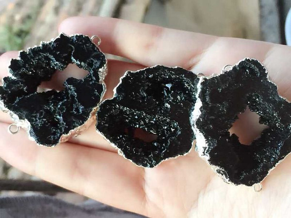 Free shipping 6pcs Silver plated Black color Nature Quartz Druzy Geode connector,Drusy Crystal Gem stone Pendant Beads, Jewelry findings