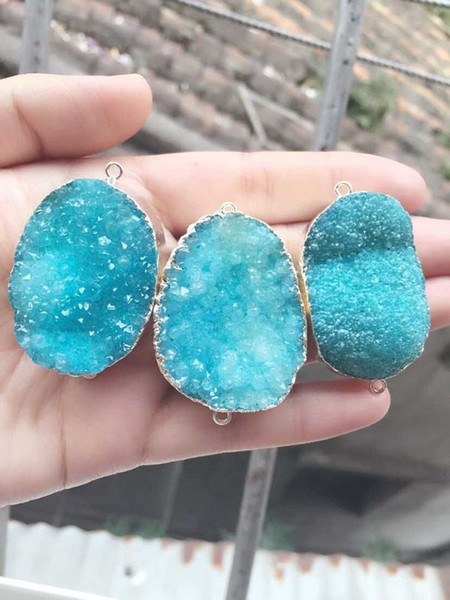 Fashion HOT DIY 6pcs Silver plated blue Nature Quartz Druzy Geode connector , Drusy Crystal Gem stone Pendant Beads, Jewelry findings