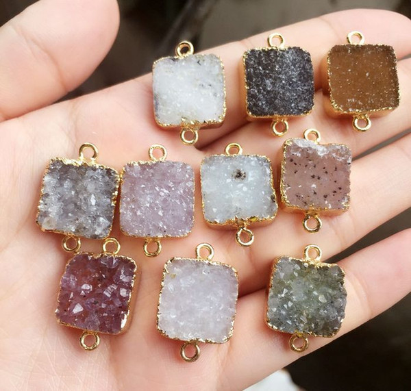 Free shipping 10pcs Gold plated Mixed color square Agate Druzy Geode connector,Drusy Crystal Gem stone pendant Beads, Jewelry findings