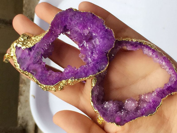 Free shipping 6pcs Gold plated Dark Purple color Nature Quartz Druzy Geode connector,Drusy Crystal Gem stone Pendant Beads, Jewelry findings