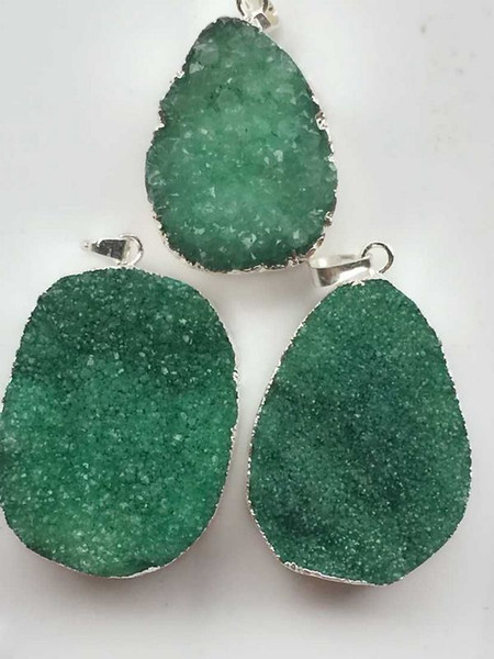 Hi-Q HOT 6pcs Silver plated Green color Nature Quartz Druzy Geode pendant, Drusy Crystal Gem stone connector Beads, Jewelry findings