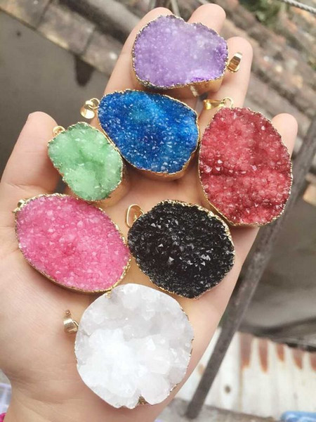 Hi-Q HOT 6pcs Gold plated Mixed color Nature Quartz Druzy Geode pendant, Drusy Crystal Gem stone connector Beads, Jewelry findings