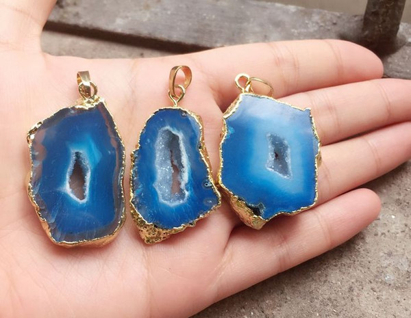 Free shipping 5pcs Gold plated Blue color Round Agate Druzy Geode pendant,Drusy Crystal Gem stone connector Beads, Jewelry findings