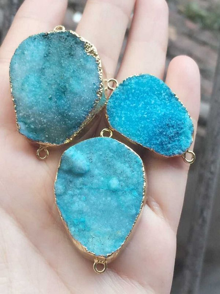 Fashion HOT DIY 6pcs Gold plated blue Nature Quartz Druzy Geode connector , Drusy Crystal Gem stone Pendant Beads, Jewelry findings