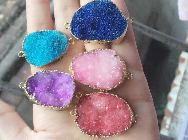 Fashion HOT DIY 6pcs Gold plated mixed color Nature Quartz Druzy Geode connector , Drusy Crystal Gem stone Pendant Beads, Jewelry findings