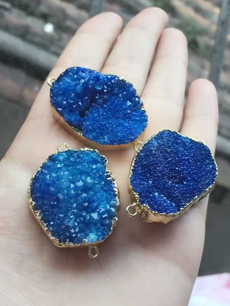 HOT DIY 6pcs Gold plated Dark blue Nature Quartz Druzy Geode connector , Drusy Crystal Gem stone Pendant Beads, Jewelry findings