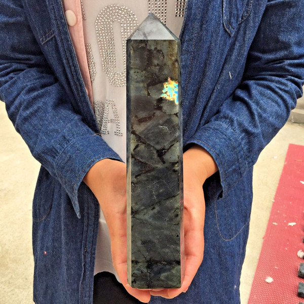 Huge Natural labradorite Quartz obelisk Crystal Point Generator Wand