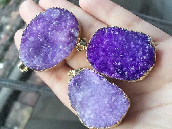 Fashion HOT 6pcs Gold plated Purple Nature Quartz Druzy Geode pendant, Drusy Crystal Gem stone connector Beads, Jewelry findings