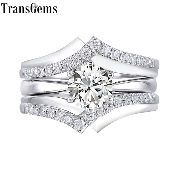 Transgems 10K White Gold Main 1ct 6.5mm F Color Moissantie Diamond Engagement Ring Set for Women Wedding Interlocking 2 Piece