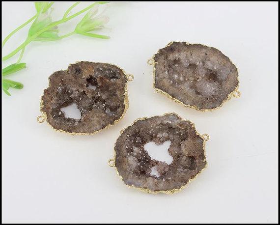 5pcs Gold plated Nature Druzy Quartz Geode Connector Pendant, Drusy Crystal Gemstone Connector Beads in Brown color Jewelry findings