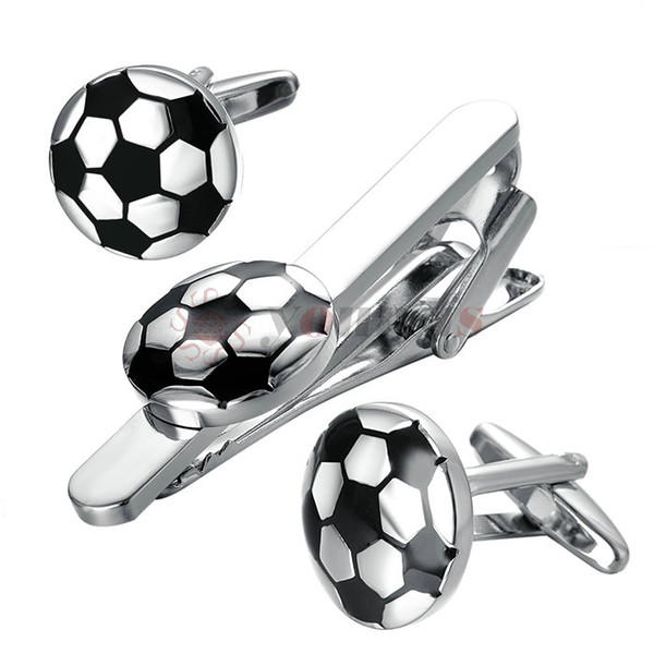 Yoursfs Football Cufflinks + Tie clip sets Black White Soccer cuff button + Tie Bar Sets High Quality Brass Copper