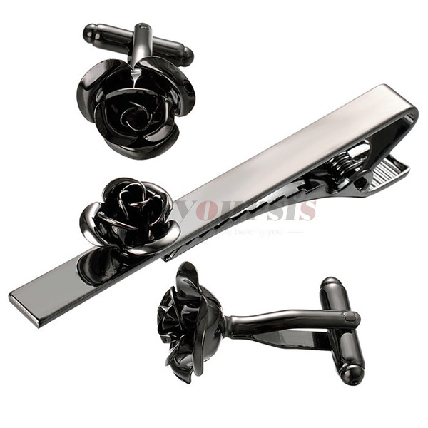 Yoursfs Rose Tie Clip Cufflinks Set For Men Valentine's Gift Flower Wedding Tie Bar Cufflinks