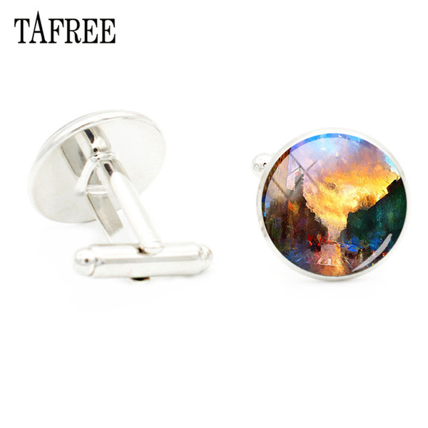 TAFREE Colorful Village Night Landscape Painting Cufflinks Cuff Link Glass Dome Rhodium Plated Jewelry For Men Cuff Decoration