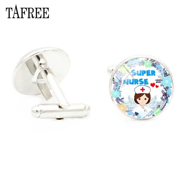 TAFREE SUPER NURSE Cufflink Personalized Vintage Glass Cabochon Gem Cuff Link Silver Color Accessories Doctor Nurse Jewelry NR13