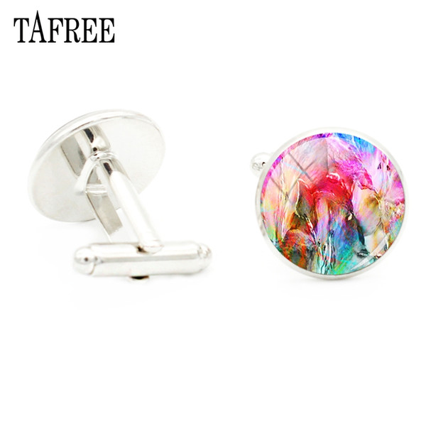 TAFREE Colorful Abstract Painting Cufflinks New Fashion Cuff Link Art Photo Glass Cabochon Dome Silver Color Women Jewelry PT37