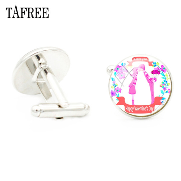 TAFREE Happy Valentine's Day Cufflinks I Love You Art Romantic Fashionable Round Glass Shirt Accessories Cuff Link Jewelry QR06