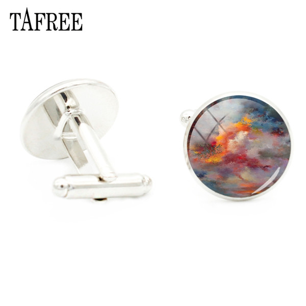 TAFREE Abstract Cloud Painting Cufflinks For Men Women Vintage Cuff Link Glass Cabochon Dome Handmade Fashion Jewelry Gifts PT02