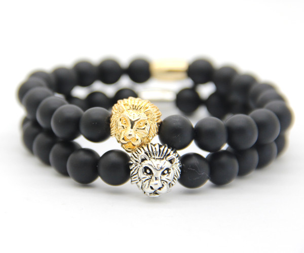 New Design 8mm Matte Agate Stone Beads Real Gold, Silver Plated Lion Head Bracelet,mens bracelet