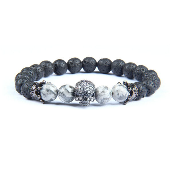 New Gun Black Men Jewelry Micro Pave Crown Spartan Skull Bracelets With 8mm Natural Lava Rock Stone Beads