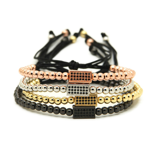 Wholesale 10pcs/lot 4mm Gold, Rose Gold, Platinum &Black Round Beads with rectangle Black CZ Beads Braiding Macrame Bracelet